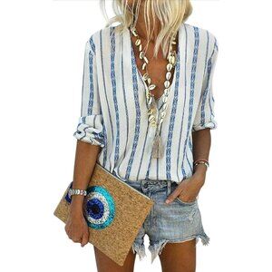 🍒 2/$20 🍒 Women's V Neck White and Blue Striped 3/4 Button Down Blouse Medium